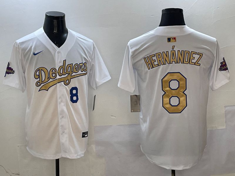 Men Los Angeles Dodgers 8 Hernandez White Champion gold character 2025 Nike MLB Jersey style 11